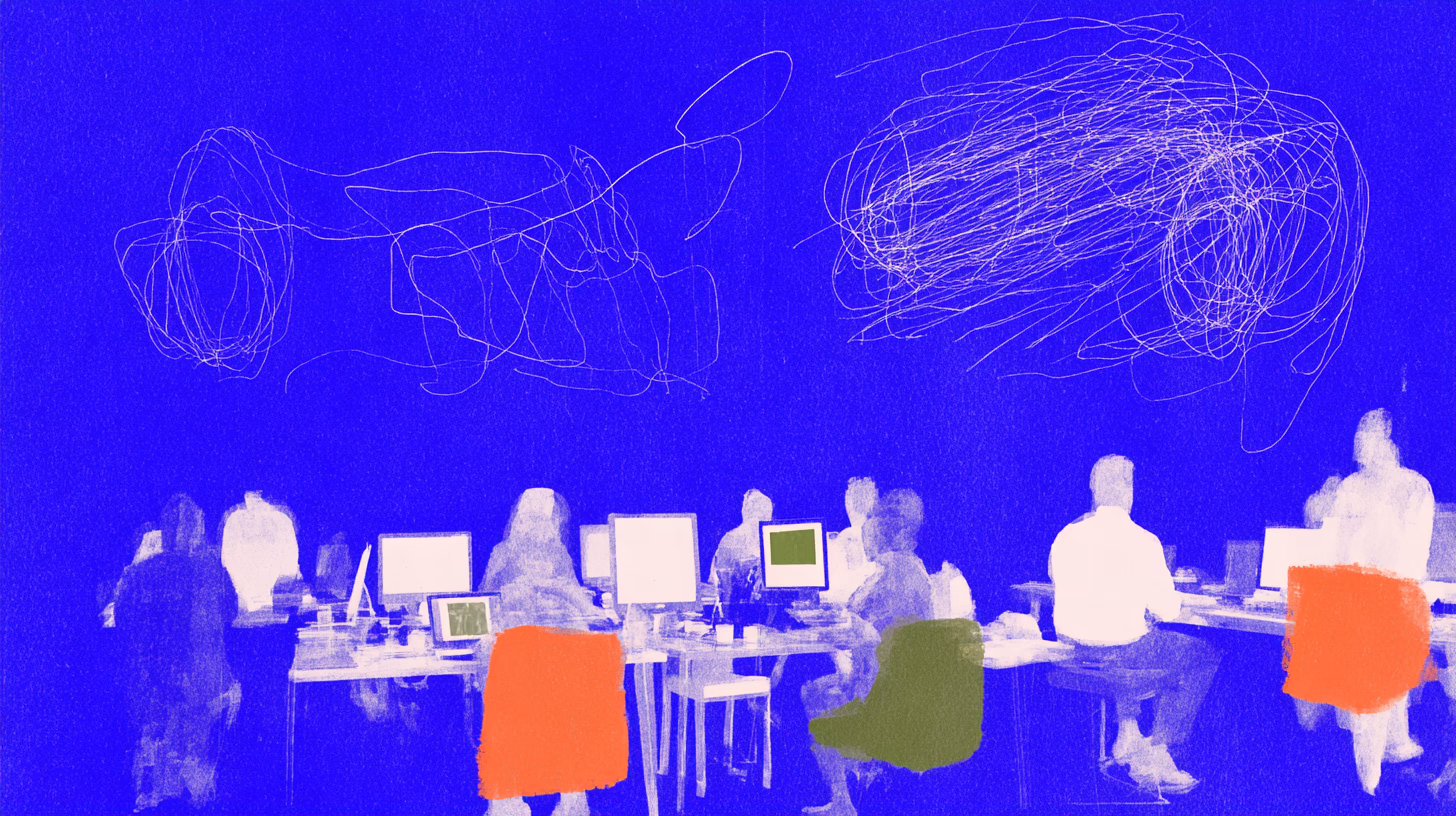 People learning and experimenting with computers beneath hand-drawn creative lines.