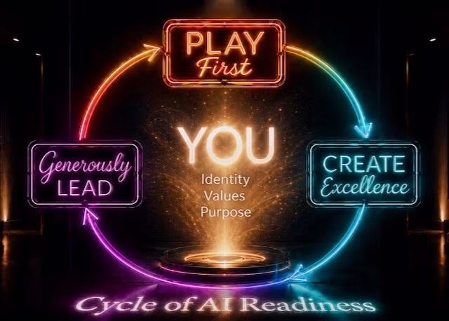 The Cycle of AI Readiness — Play First, Create Excellence, Generously Lead, centered on You: Identity, Values, Purpose